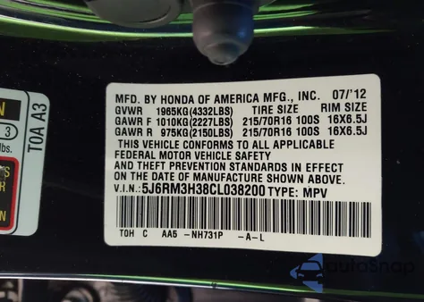 2012 Honda Cr-V Lx z USA, uszkodzony, nr VIN 5J6RM3H38CL038200